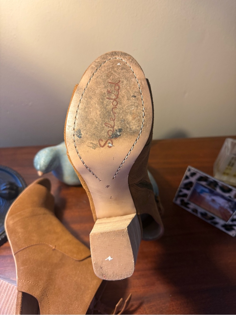 Splendid Tan Suede Peep-Toe Stacked Heel Ankle Boots - Picture 9 of 11